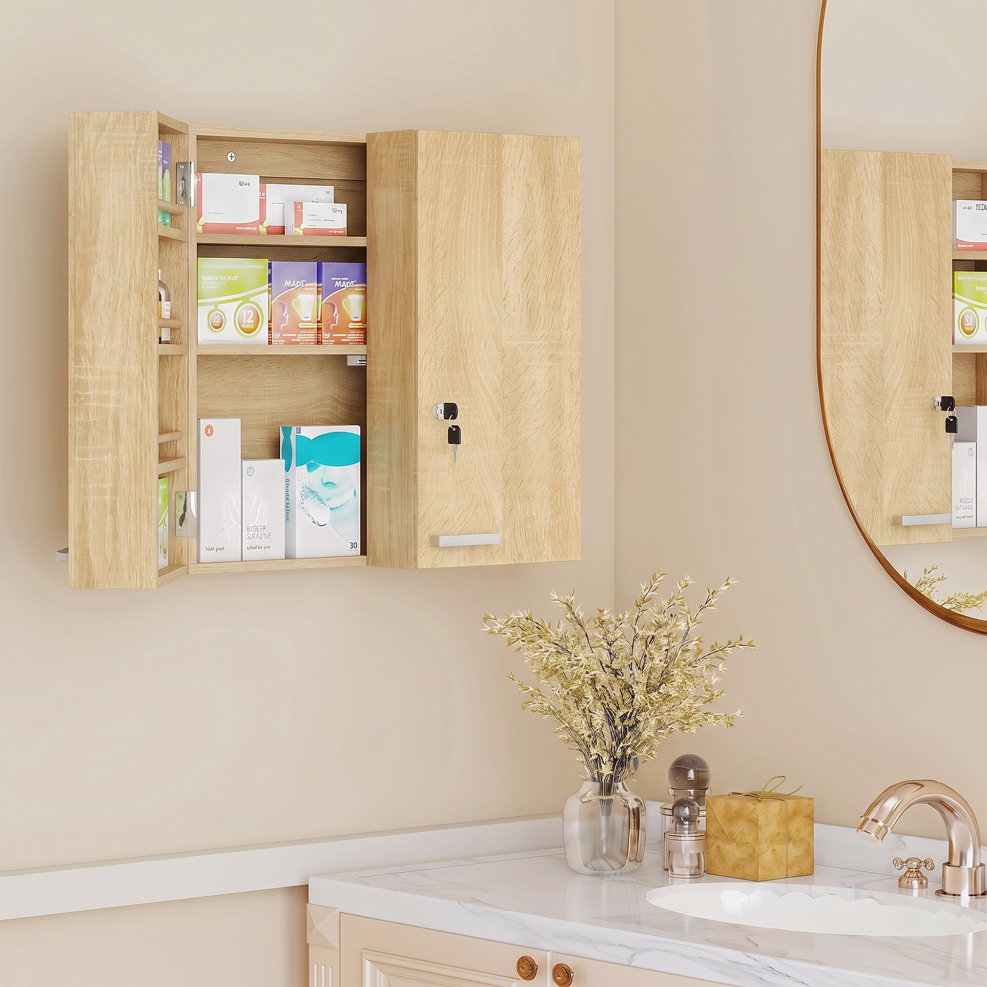 Homcom Armadietto porta-farmaci da parete con doppia porta e 2 chiavi, 53x20x53 cm, Rovere   Aosom Italy