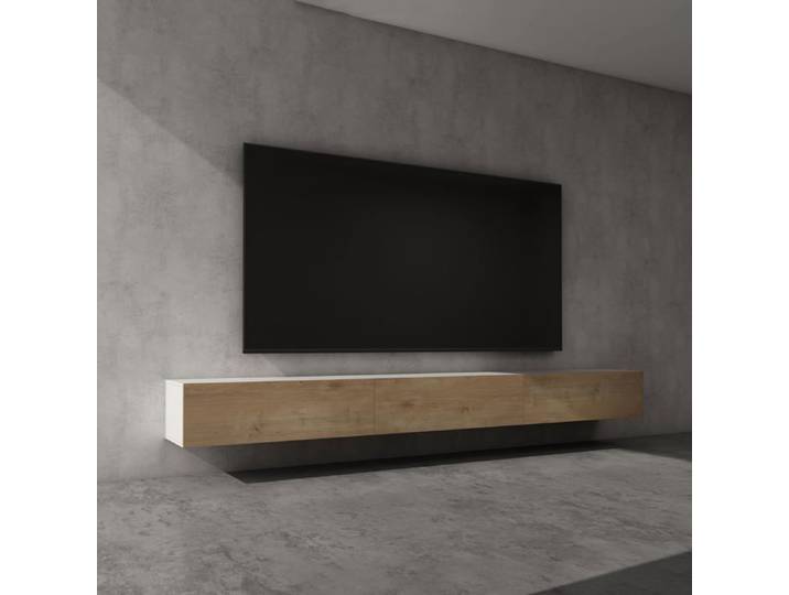 Sogood Meuble TV Bas 300 cm Armoire TV Blanc Mat + Marron Clair Table de Télévision Salon avec Portes Meuble TV Suspendu MBTV02