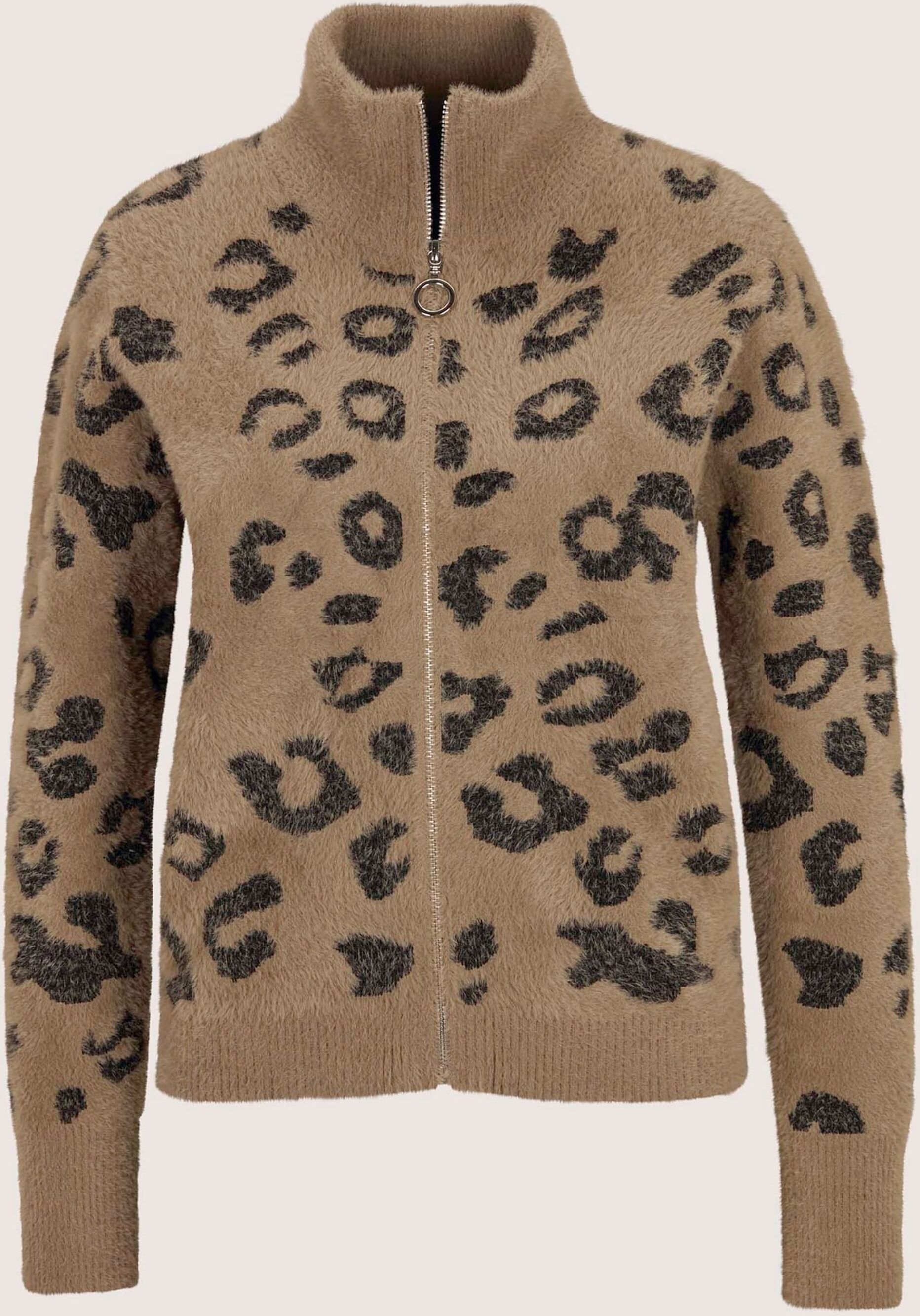 Strickjacke MADELEINE "Strickjacke Strickblouson mit Leopardenmuster", Damen, Gr. 48, beige (caramel, schwarz), Modern, comfort fit, Strickjacken Strickjacke