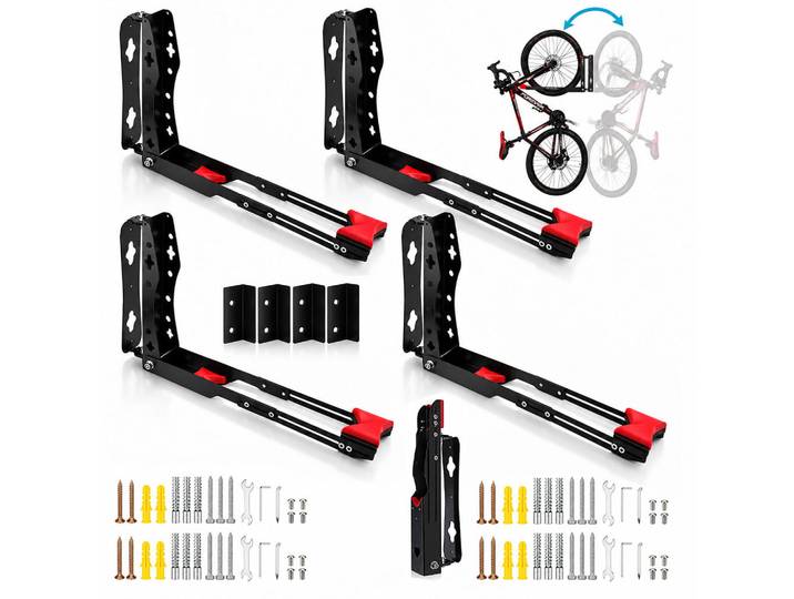 Relaxdays Fahrrad-Wandhalterung Schwarz Rot 4er-Set schwenkbar, Metall, 6.5x39x65.5 cm, Freizeit & Co