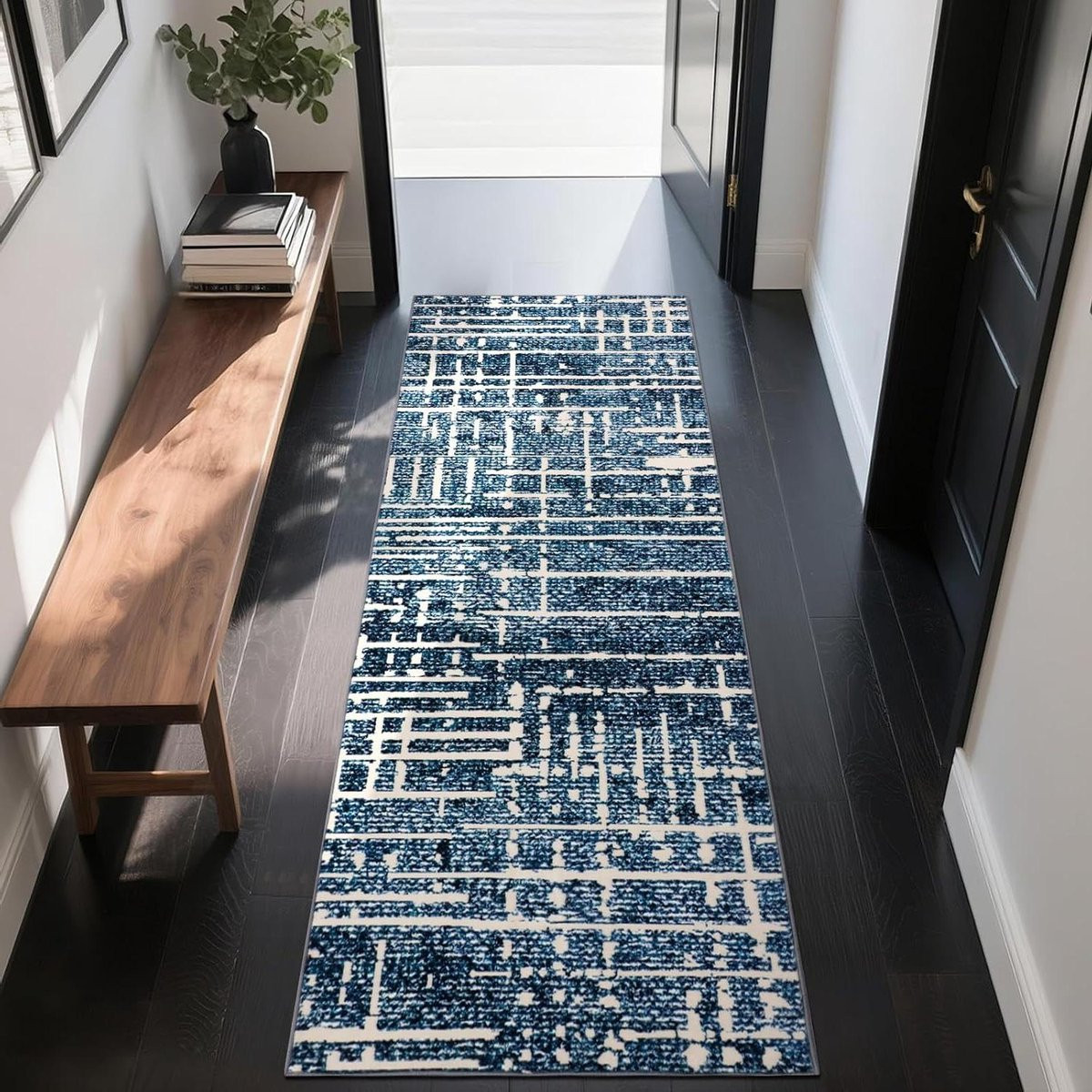 Abstracte Moderne Vloerbedekking - Rechthoekige Tapijtmat voor Hal, Keuken, Slaapkamer of Badkamer - Blauw