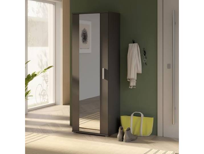 Forte NET106 Schuhschrank 50, schmaler Flurschrank mit 6 Einlegeböden und Spiegelfront, Flur, Diele, Holzwerkstoff, Uni Wolfram Grau, 50,2 cm breit x 179,1 cm hoch x 34,8 cm tief