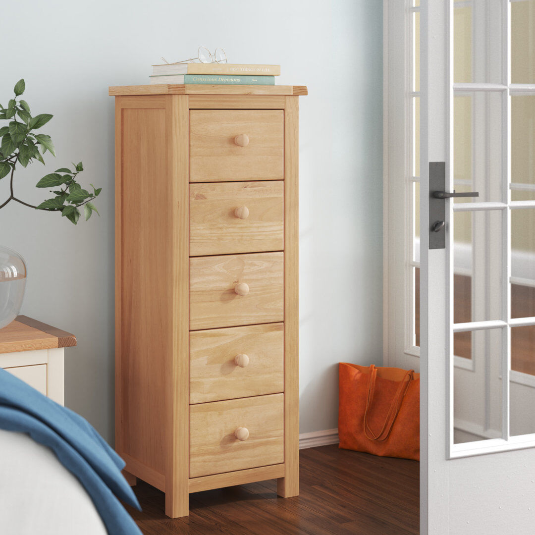 Three Posts Pompey 5 Drawer 45Cm W Solid Wood Tallboy Brown Waxed 115cm H X 45cm W X 40cm D