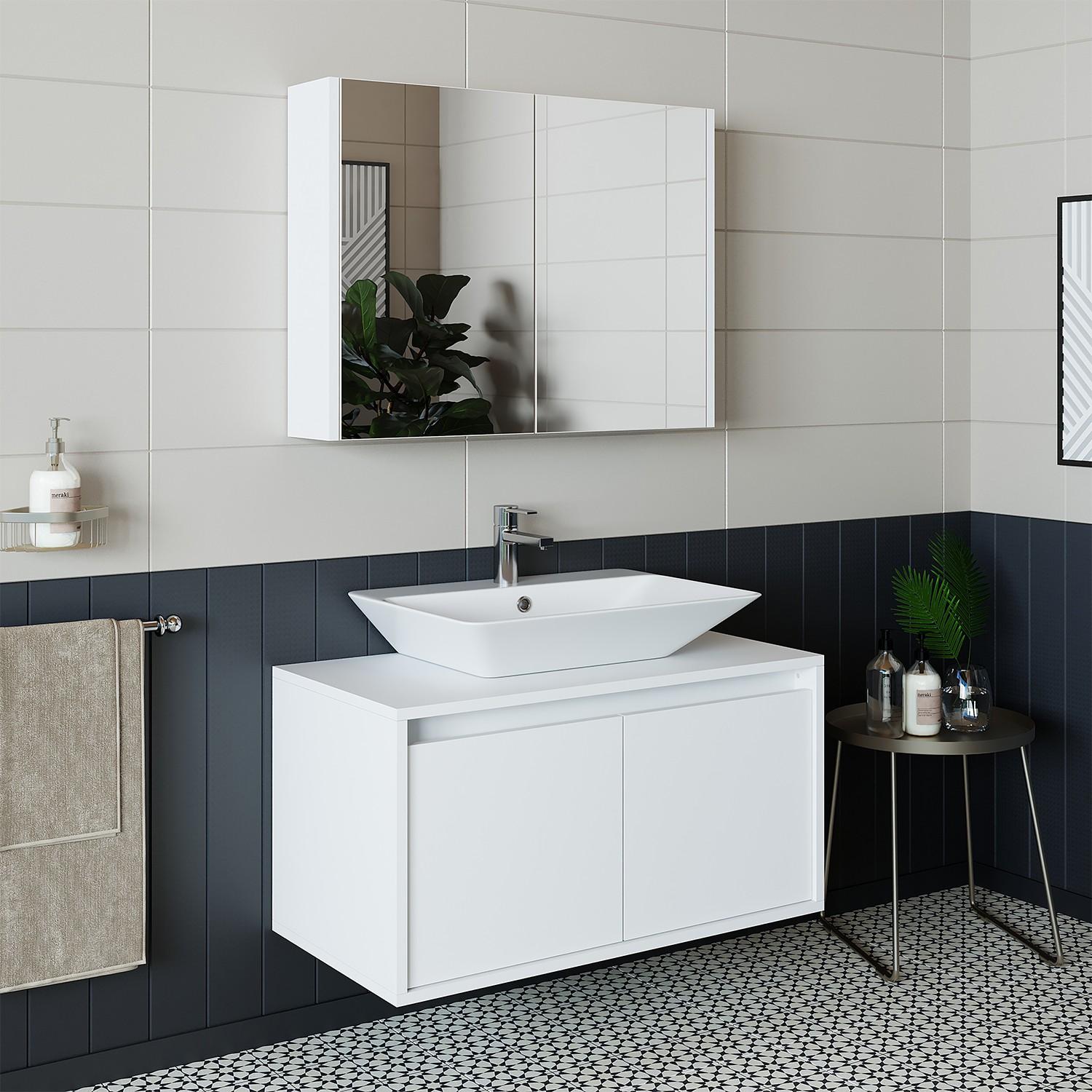 Skye Decor, Hochwertiger Badschrank mit Waschbecken & Spiegelset, Weiß, 2-teilig
