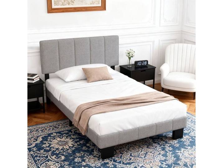 Lit 140x190 cm-Rembourré en Tissu en lin de Lit Réglable-Double Support en Métal et en Bois – Montage Facile–Silencieux