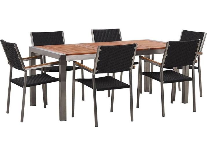 BELIANI Gartenmöbel Set Eukalyptusholz Edelstahl Tisch 180 cm 6 Rattanstühle Schwarz Terrasse Outdoor Modern Garten Terrasse