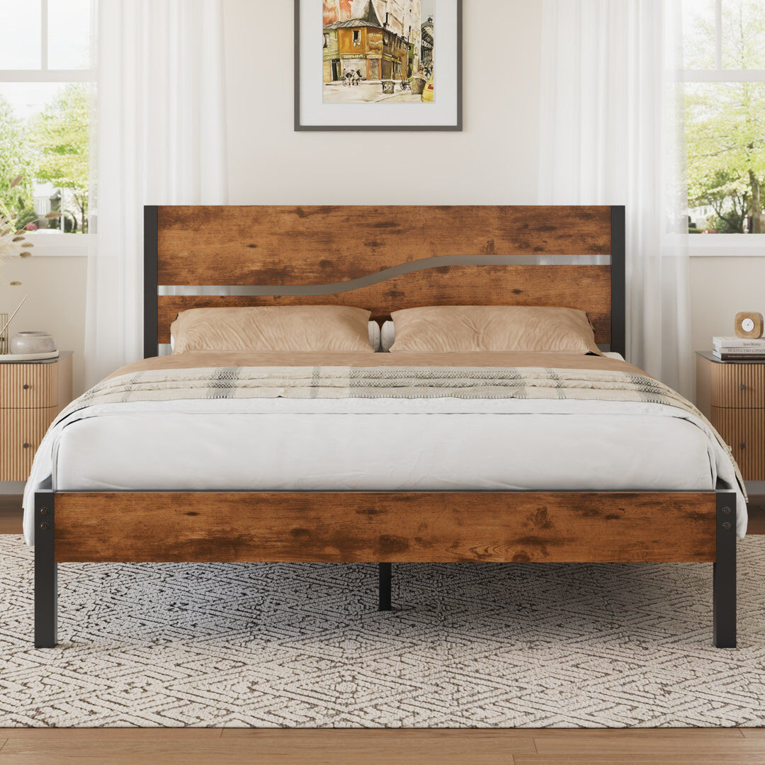 Rio Bed Frame Single Double Size, Metal Platform Bed Frame with Wood Headboard and Footboard, Strong Steel Slats Support, No Box Spring Needed, Easy Assem Retro Brown Double (4'6)