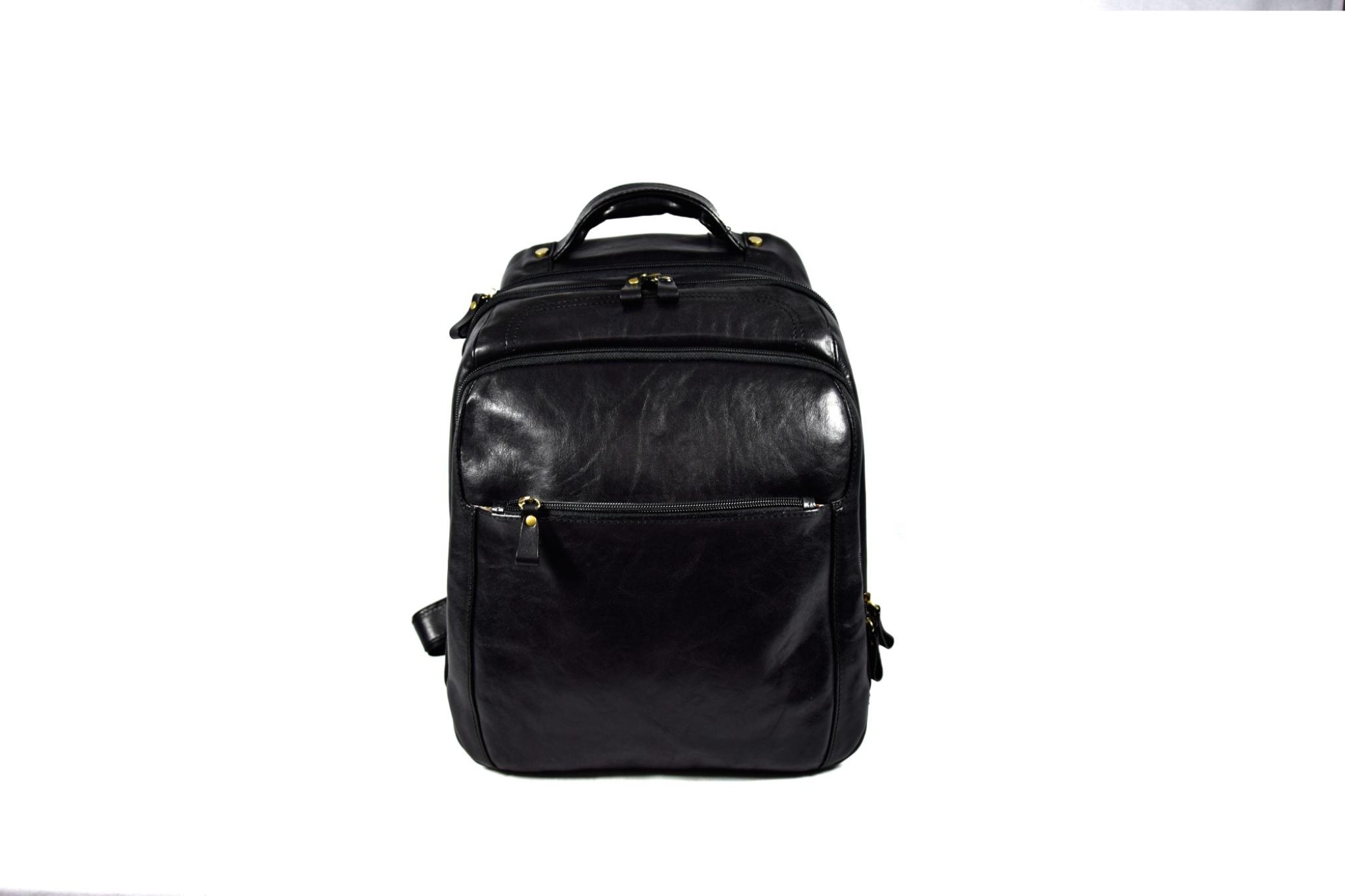 Gussaci - Herren Rucksack Leder Schwarz - Laptopfach 32x17x39 cm - Mehrere Reißverschlusstaschen - Verstärkter Tragegriff