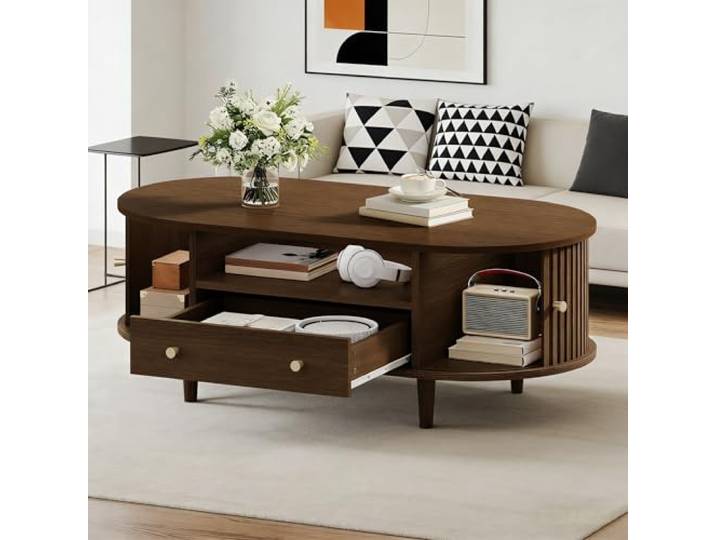 BTM 100 x 50 x 36 cm Couchtisch, Walnussholzfarbe. Kaffeetisch mit Schubladen, Offener Lagerraum, Rolltür