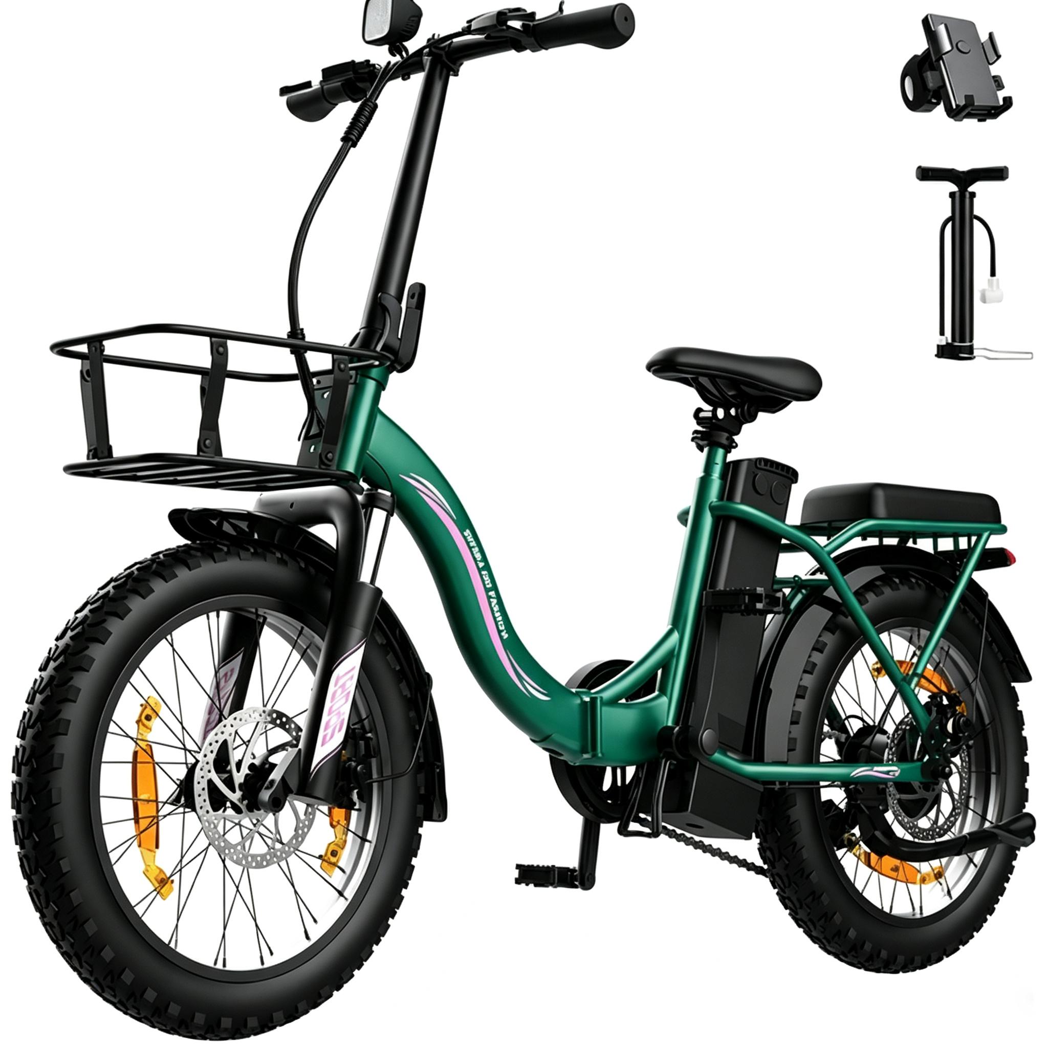 Runetic Ebike, Foldable e-bikes, 250W Motor, 36V 13Ah herausnehmbarer Akku, bis zu 80 km Reichweite, 25 km/h, 20" x 3,0" Breitreifen, Grün