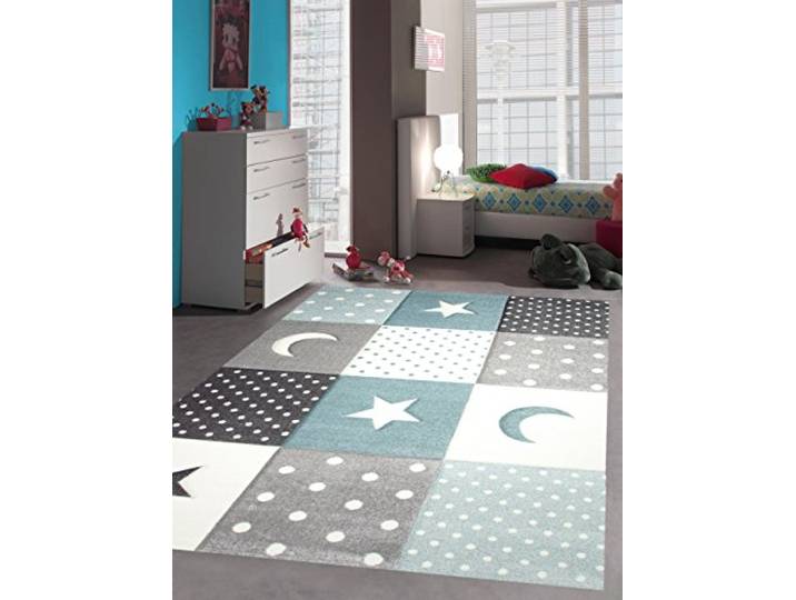 Teppich-Traum Kinderteppich Mond Sterne Punkte Blau Türkis 200x290 cm Weich und wärmend, pflegeleicht, strapazierfähig, farbecht, seitlich gekettelt, schadstofffrei und OEKO-TEX geprüft