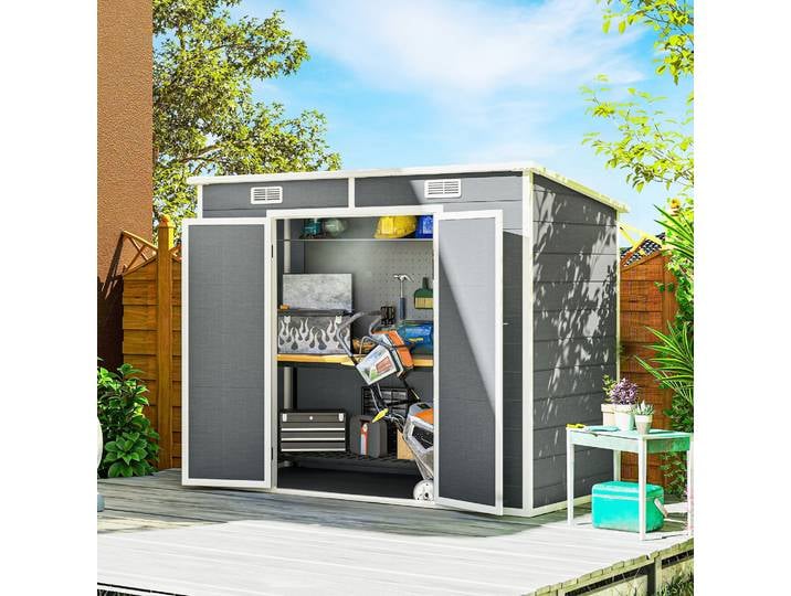 Outsunny Abri de Jardin 2,4x1,3m Résine avec Plancher Gris