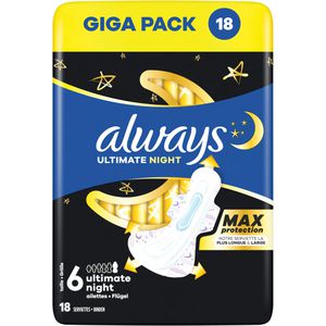 always Damenbinden Ultimate Night Max, Größe 6, geruchsneutralisierend, mit Flügeln, 18 Stück