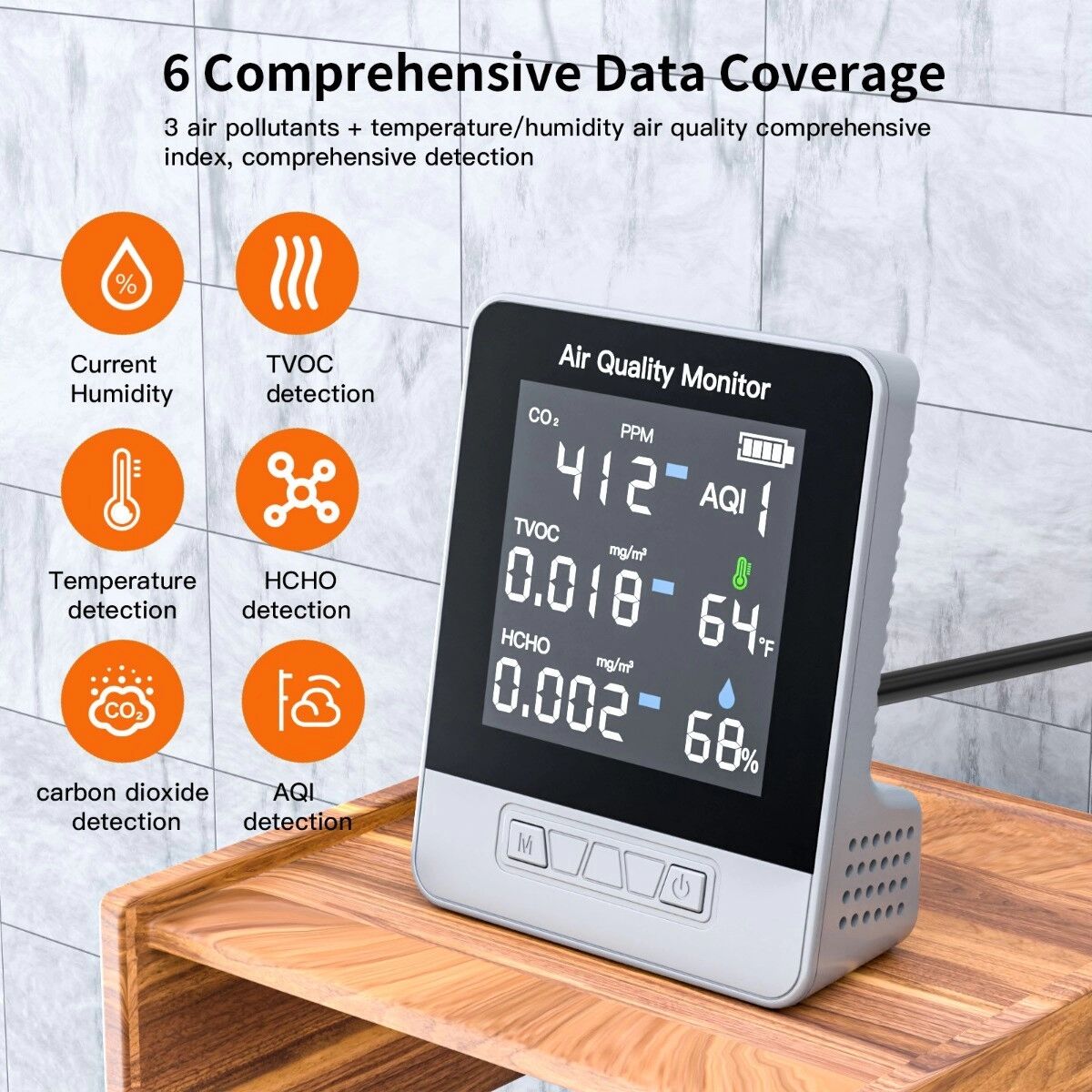 INF 6-in-1-Luftqualitätsmonitor mit TVOC, CO2, HCHO, AQI, Luftfeuchte und Temperaturanzeige Grau
