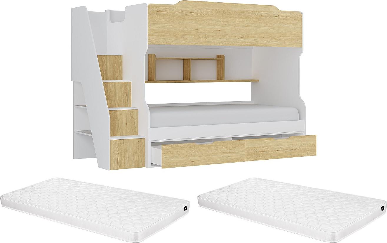 Etagenbett mit Stauraum + Matratze - 90 x 190 cm - Weiß & Holzfarben - YALOVA