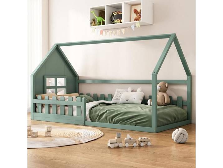 Lit Au Sol Enfant 90x200cm Lit Cabane avec Design Cabine Distinctif Barrières Hautes Sommier à Lattes Solide pour Enfants Pin Vert