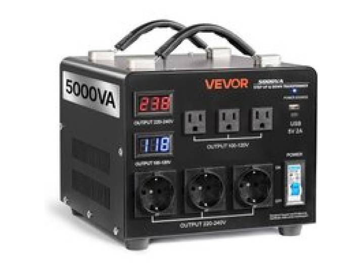 VEVOR Spannungswandler-Transformator, 5000 VA, Hochleistungs-Aufwärts-/Abwärtstransformator, 110 V auf 220 V & 220 V auf 110 V, mit 3 US-Steckdosen, 3 EU-Steckdosen, LCD-Display, Schutzschalter