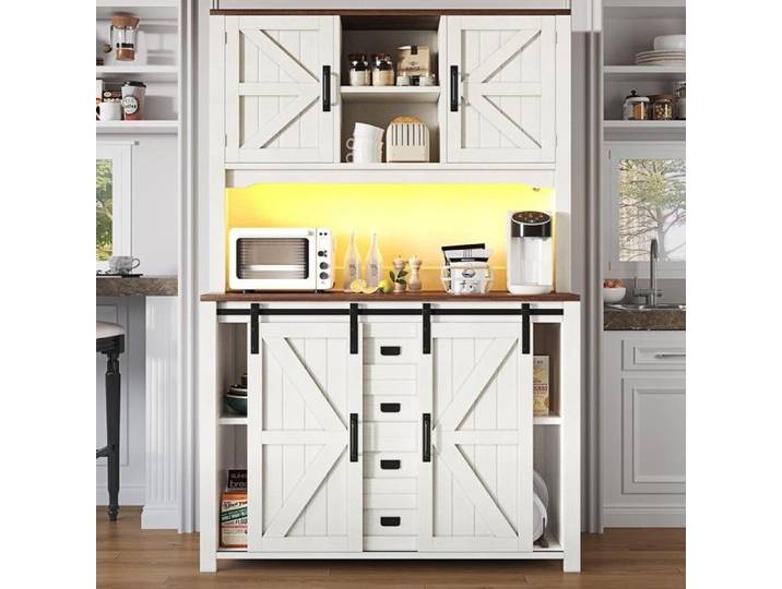 Buffet de Salle à Manger avec LED Meubles de Rangement avec 4 Portes et 2 tiroirs Meuble Cuisine avec Plans de Travail Vaisselier