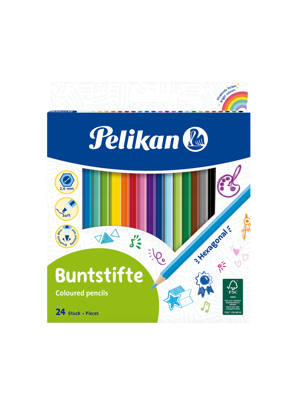 Pelikan Buntstifte sechseckige Holzstifte Packung mit 24 Farben