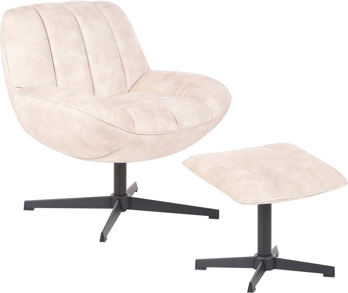Lia Fluwelen draaifauteuil met hocker in beige - Mid-century stijl
