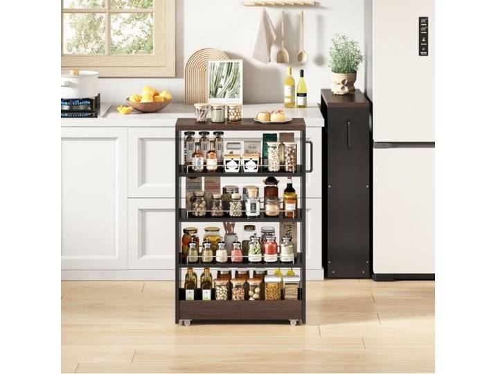 Desserte de cuisine étroite avec 4 étagères réglables sur roulettes noir aspect bois brun 55 × 16 × 85 cm - UVRION