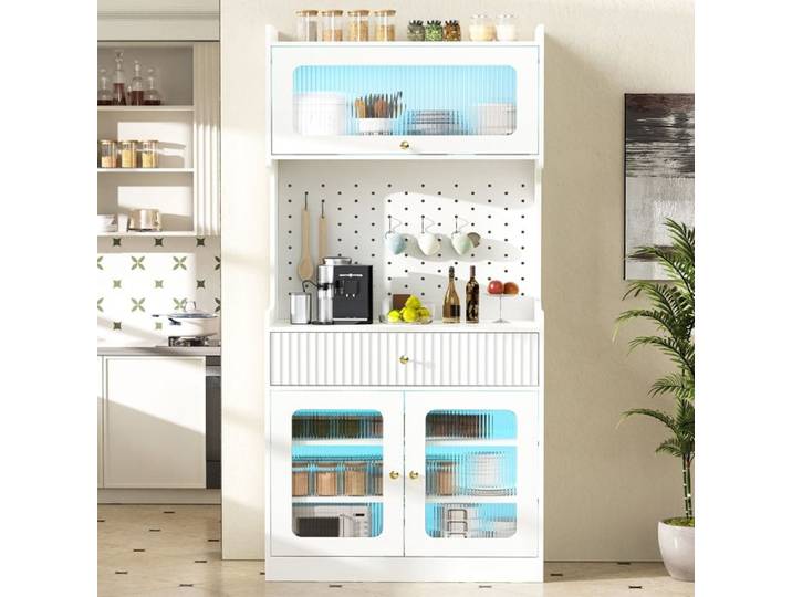Armoires Cuisine Buffet Haut Vaisselier avec éclairage LED et Portes Vitrée Étagères Réglables Tiroirs 80x40x180cm Blanc