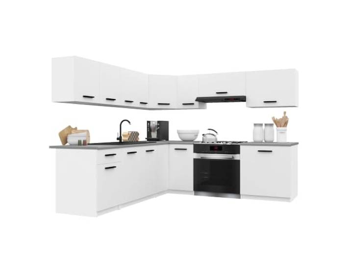 Belini ITALIA 7 Eckküche Küchenblock 420cm Weiß Matt Küchenset als Eckküche, weiße Korpusse, DECOR ECONATURA Material, kratzfest, ohne Elektrogeräte, mit Arbeitsplatte