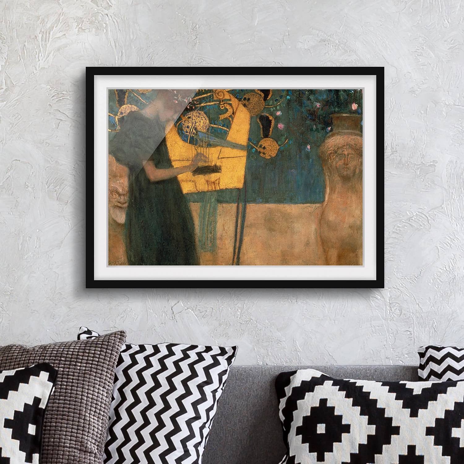home24 Gustav Klimt Die Musik II abstracte kunstposter met houten lijst, groen, 70 x 50 cm