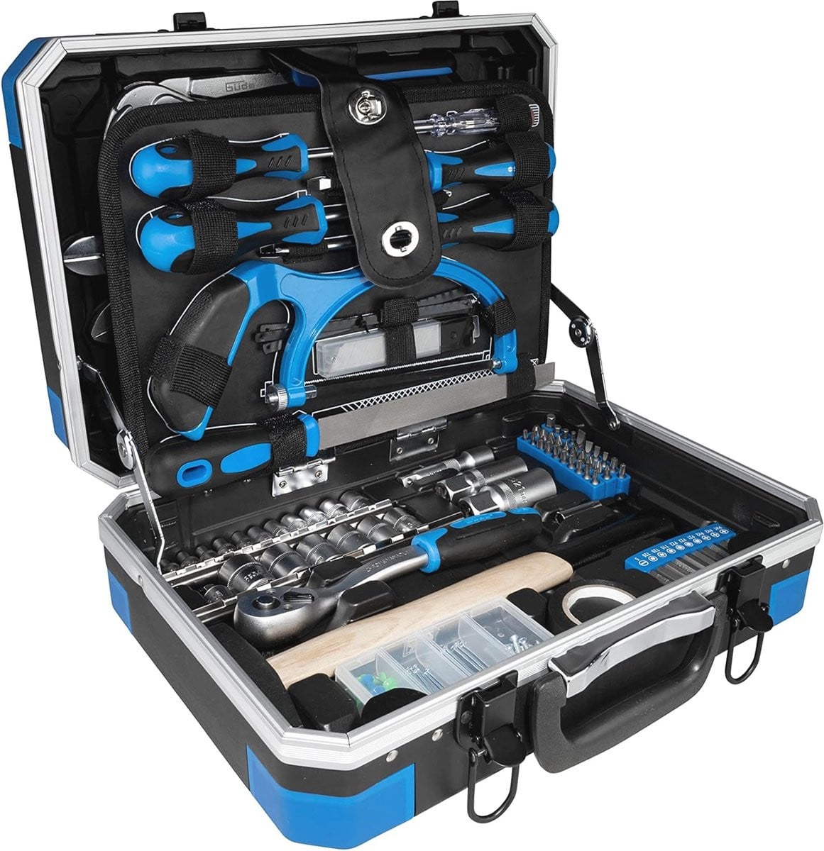 241-delige multitool-set in blauwe koffer met schroevendraaiers, tangen en een zaag