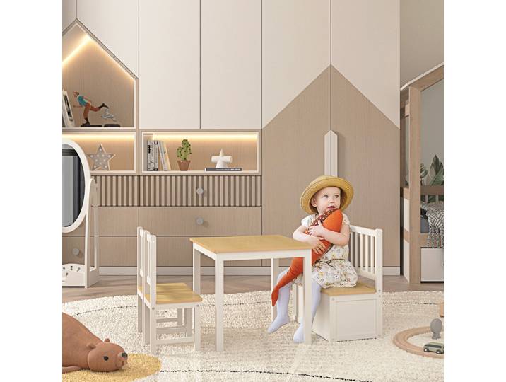 HOMCOM Ensemble de table et chaises enfant - set de 4 pièces - table, 2 chaises, banc coffre 2 en 1 - MDF pin blanc bois clair