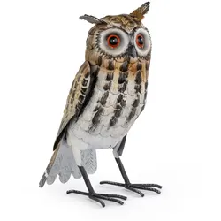 Moritz Deko Uhu Braun-Weiß 32 cm - Eulenfigur Metall handbemalt mit 3D-Federstruktur und Federohren Landhausstil für Garten Terrasse Wohnen
