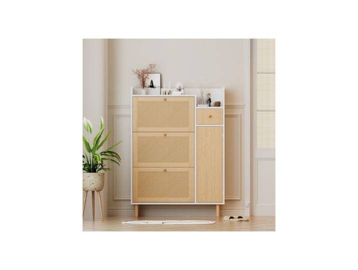 Meuble à Chaussures 90 cm – Rattan Naturel + Blanc – 3 Portes Bascule + 1 Tiroir – Profondeur 17 cm – Pieds Bois Massif
