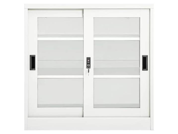 Schrank mit Schiebetüren aus Stahl, weiß, 90 x 40 x 90 cm, mit Einlegeböden Robuster Stahl, gehärtetes Glas, 2 verstellbare Einlegeböden, sicheres Schloss, platzsparend, Bürogebrauch