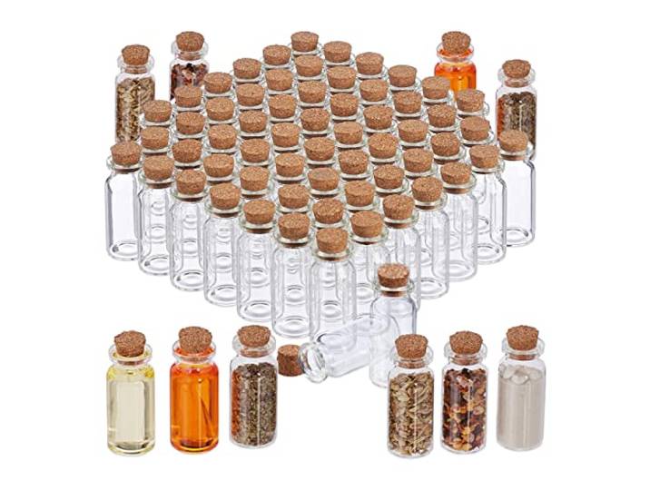 Relaxdays Mini-bouteilles avec bouchon de liège\, lot de 72\, petite bouteille en verre\, 10 ml\, flacon déco\, transparent
