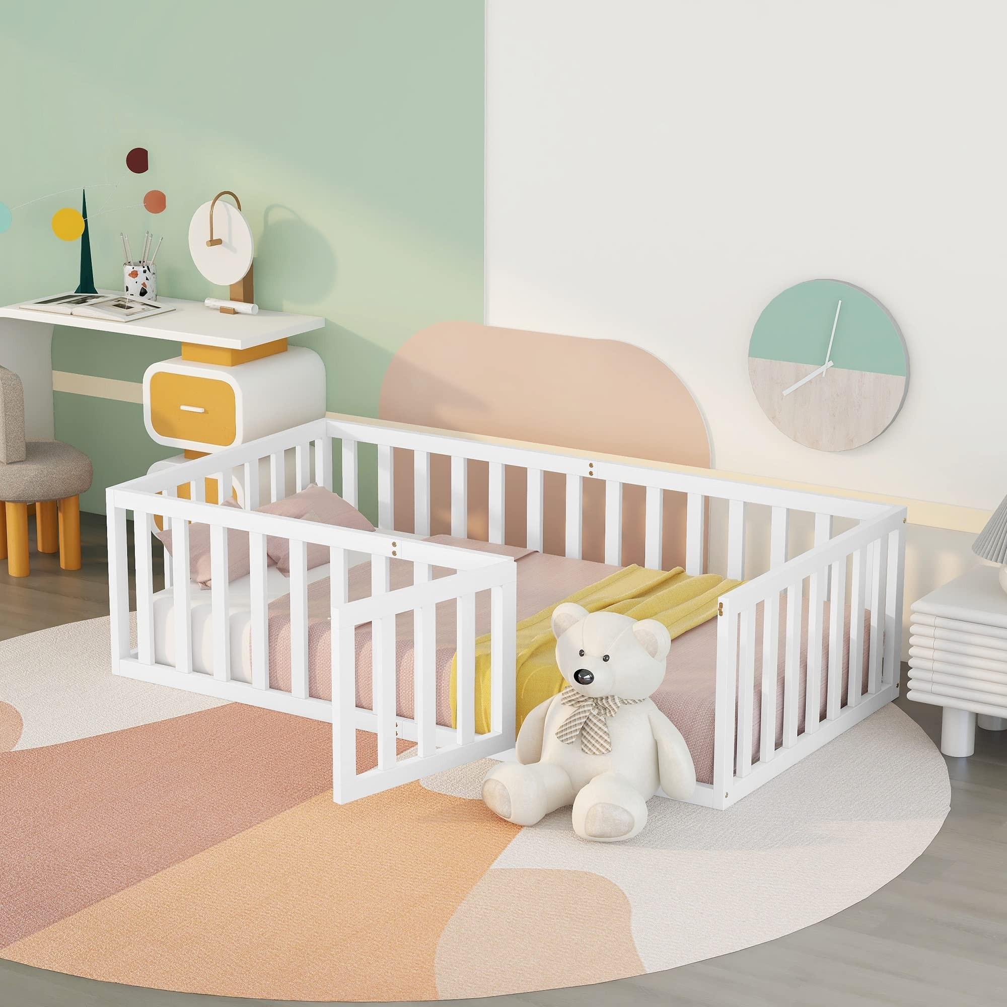 Montessori-Bett, 90 x 200 cm - Inklusive Schutzgitter und Tür