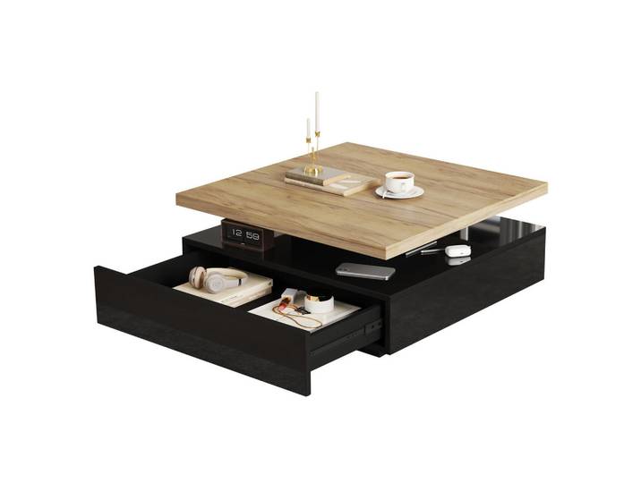 Modfu Couchtisch 70/70/36 cm mit 360° drehbarer Tischplatte, versteckter Schublade und Hochglanz-Elementen, Walnuss/Schwarz, 70x36x70 cm, Wohnzimmer, Wohnzimmertische, Couchtische