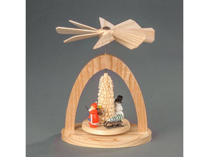 Weihnachtspyramide ALBIN PREISSLER Wärmespiel mit Weihnachtsmann, Schlitten und Ringelbäumchen , beige (natur), B:11cm H:13cm T:7cm, Massivholz, Weihnachtspyramiden, Weihnachtspyramide, Handwerkskunst aus dem Erzgebirge, Weihnachtsdeko aus Holz