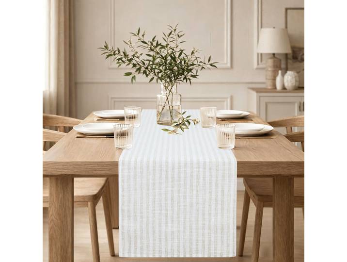 Tischläufer GOODPRODUCT Marric Gr. 1, beige, B:30cm L:140cm, Polyester, Tischdecken, Tischläufer, halbtransparenter Tischläufer, Leinenoptik mit Streifen
