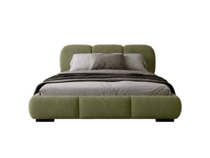 Chilly. Möbel Design Bett Savona - Komfort Polsterbett mit weicher Form und Stauraum - 140x200 cm - Holzrahmen - Bouclé Olivgrün