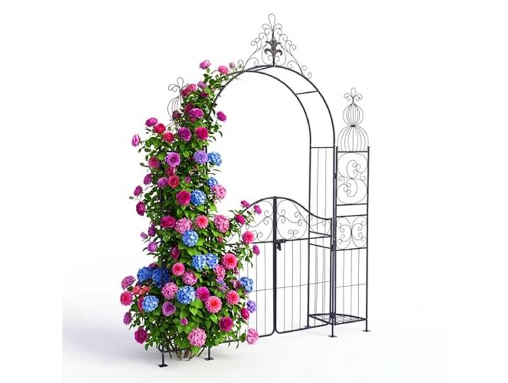 Relaxdays Rosenbogen mit Tür, 2 Ablagen, Metall, Garten, schwarz