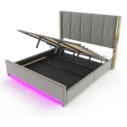 MODFU Polsterbett Samt Dunkelgrau 190x213x141 cm, 180x200 cm Liegefläche, USB/Type-C, LED, Hydraulik-Stauraum