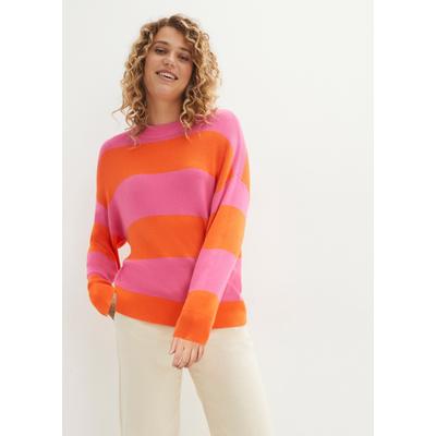 Strickpullover BONPRIX, Damen, Gr. 36/38 (S), rosa (pink, orange gestreift), Strick, Obermaterial: 92% Viskose, 8% Polyamid, gestreift, oversize normal, Rundhals, Rippbündchen, Pullover Strickpullover, gestreiftes Design, ohne Verschluss, normale...
