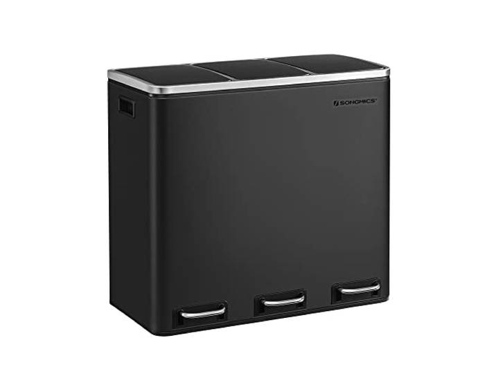 SONGMICS Mülleimer Küche, 3 x 18 L, Mülltrennsystem 3 Fächer, mit Deckel Treteimer, inklusive 15 Müllbeutel, für recycelbare Abfälle, Biomüll, Tintenschwarz, ISLAND Kollektion, LTB54BK