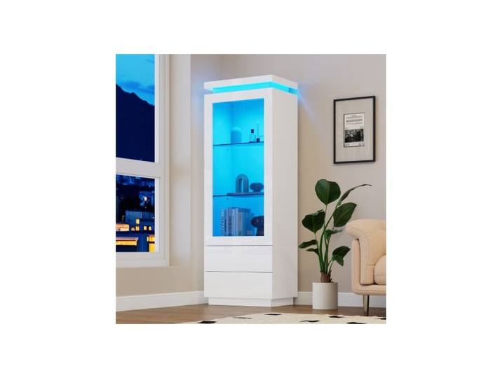 Vitrine Blanche Brillante Meuble Vitrine Salon LED Armoire Haute 2 Tiroirs 60x40x171cm
