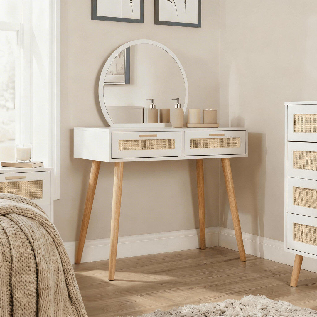 Bay Isle Home Anelise Rattan Dressing Table with Mirror White 126.5cm H X 90cm W X 41.5cm D