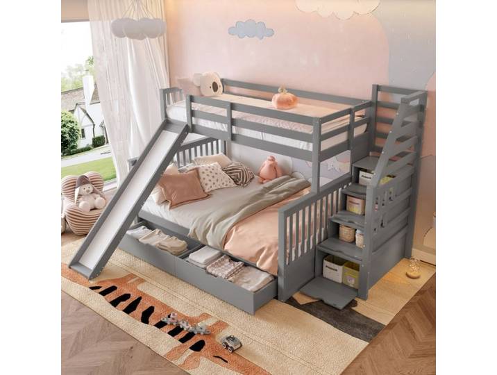 Lit superposé enfant avec toboggan et rangements pin gris
