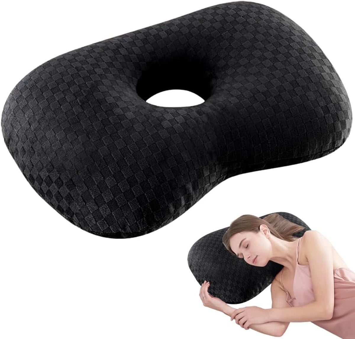 Zwart oorkussen met gat voor piercings, ergonomisch ontwerp, 44 x 32 cm