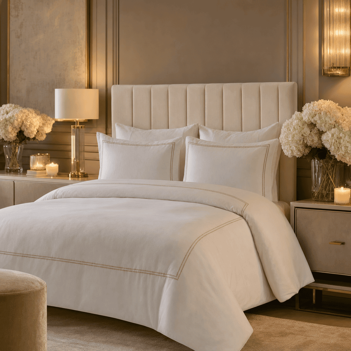 Meghan Champagne Embroidered Double Stitch Detail Duvet Set, Super King