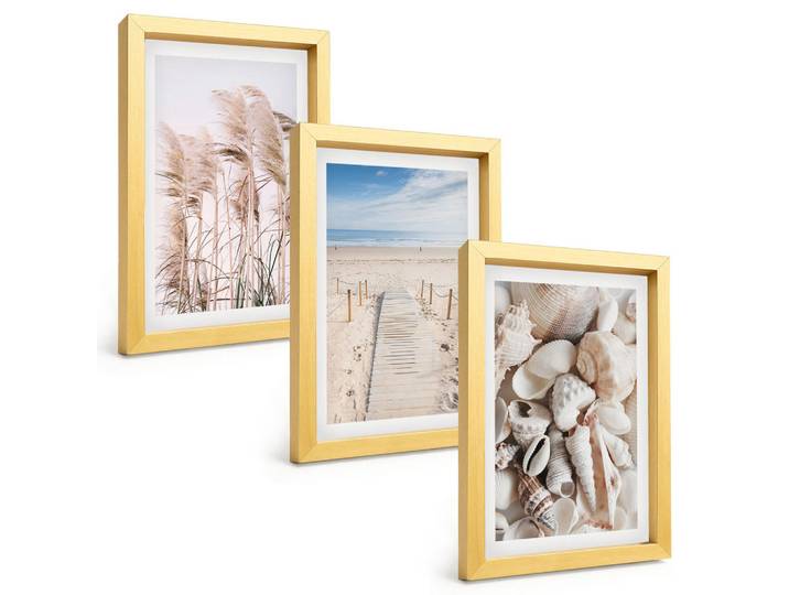 Tulup Bilder SET 3er Set - 20x30 cm Goldrahmen - Strandmuscheln Seegras, Goldfarben, Kunststoff, Rechteckig, 20x30 cm, Fotografie, Bilder & Rahmen, Bilder
