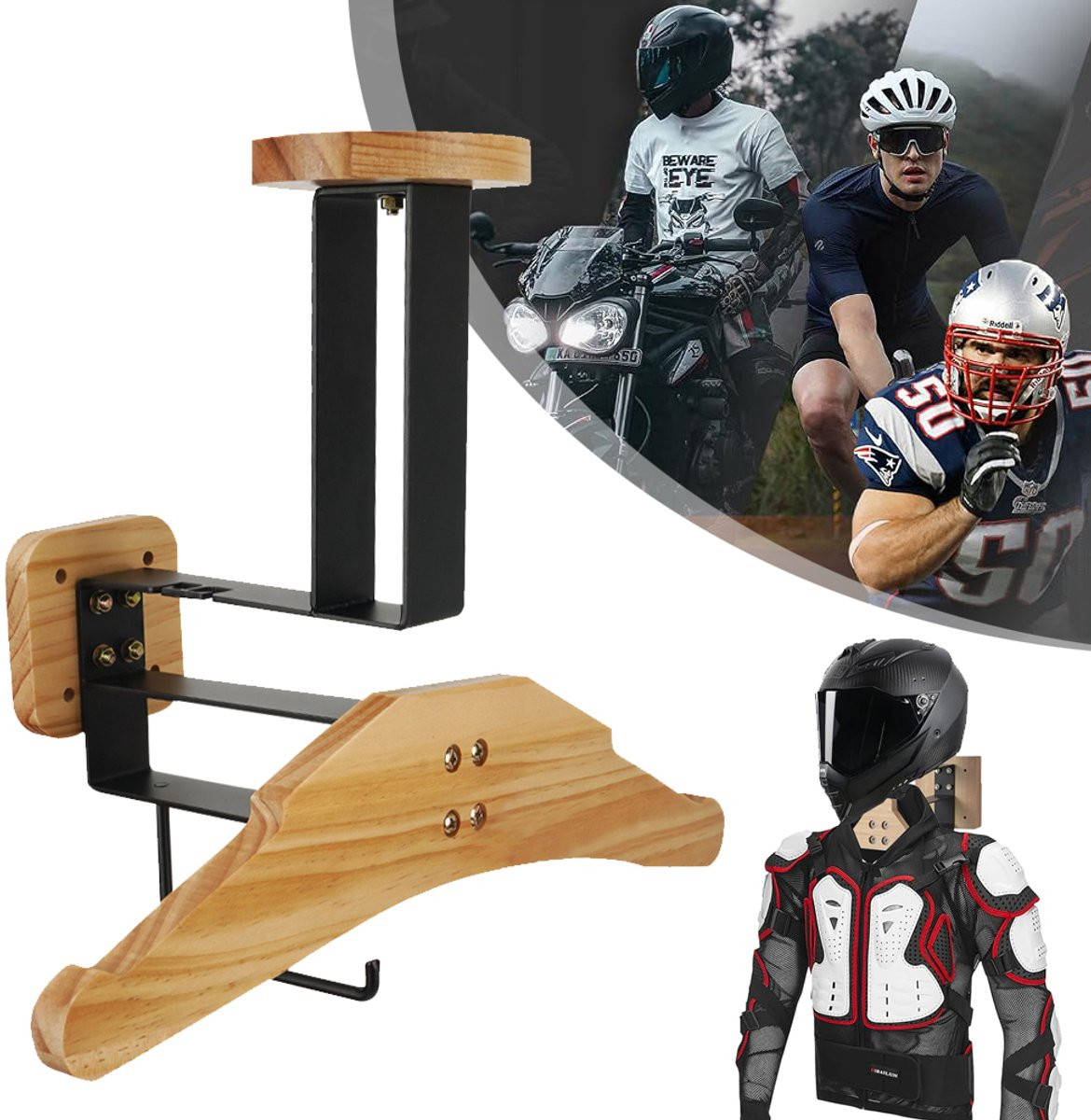 Multifunctionele motorhelmhouder met kledinghanger voor muurbevestiging